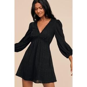 Lulus Forever In My Heart Black Striped Balloon Sleeve Mini Dress - Size L